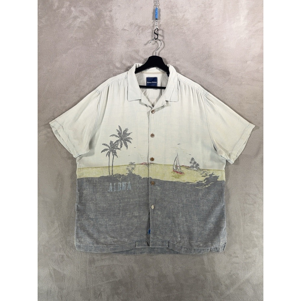 Tommy Bahama Silk Camp Shirt Mens XL White Gray Aloha Beach Sailboat Graphic